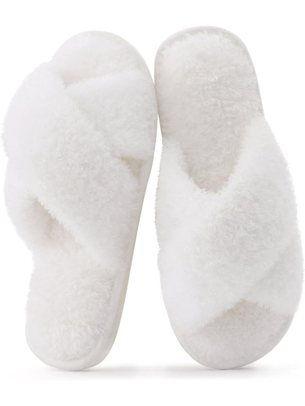 Women's White Velvet Fuzzy Cross Band Memory Foam House Open Toe Slipper Shoes